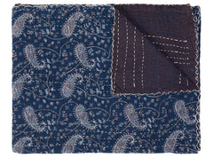 50" X 70" Blue and Gray Kantha Cotton Paisley Throw Blanket with Embroidery - Homeroots