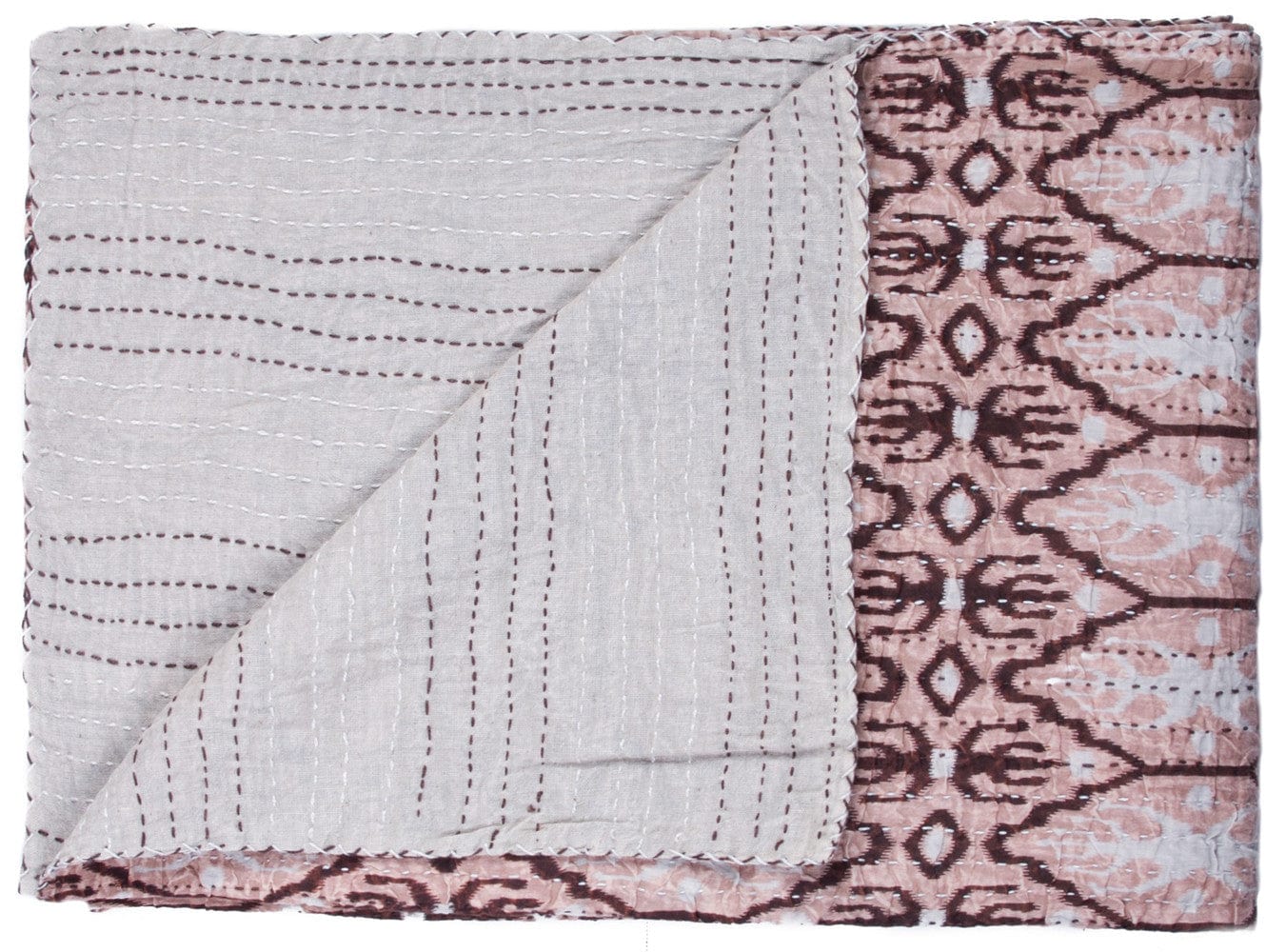 50" X 70" Pink and Brown Kantha Cotton Abstract Throw Blanket with Embroidery - Homeroots