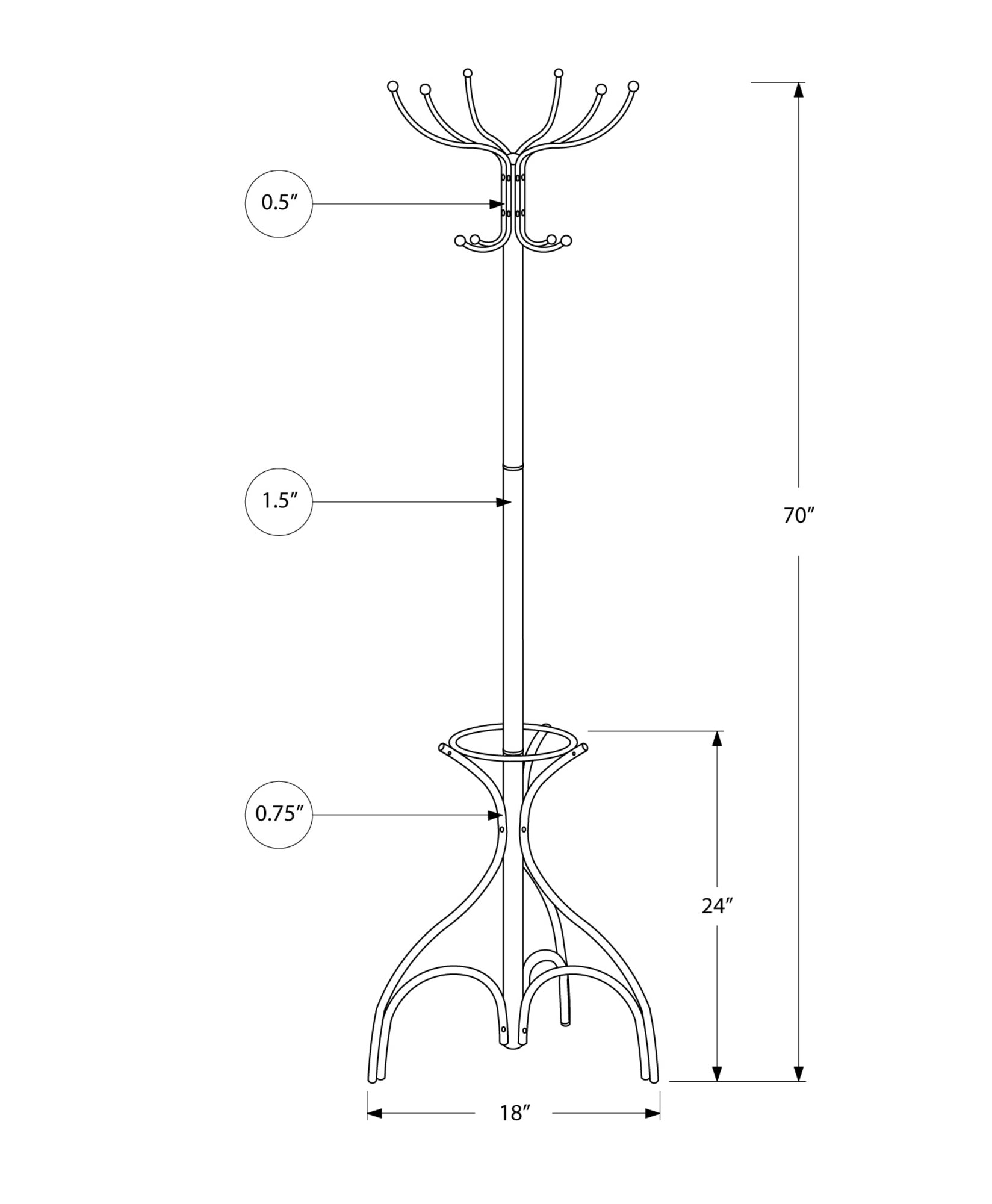 18" X 18" X 70" White  Metal  Coat Rack