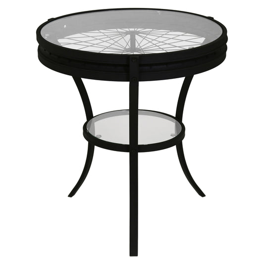 24" Black And Clear Glass And Metal Round End Table With Shelf