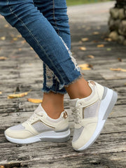 Lace-Up Rhinestone Wedge Sneakers - Trendsi