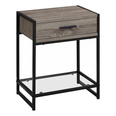 22" Black And Deep Taupe Glass And Metal End Table With Drawer And Shelf