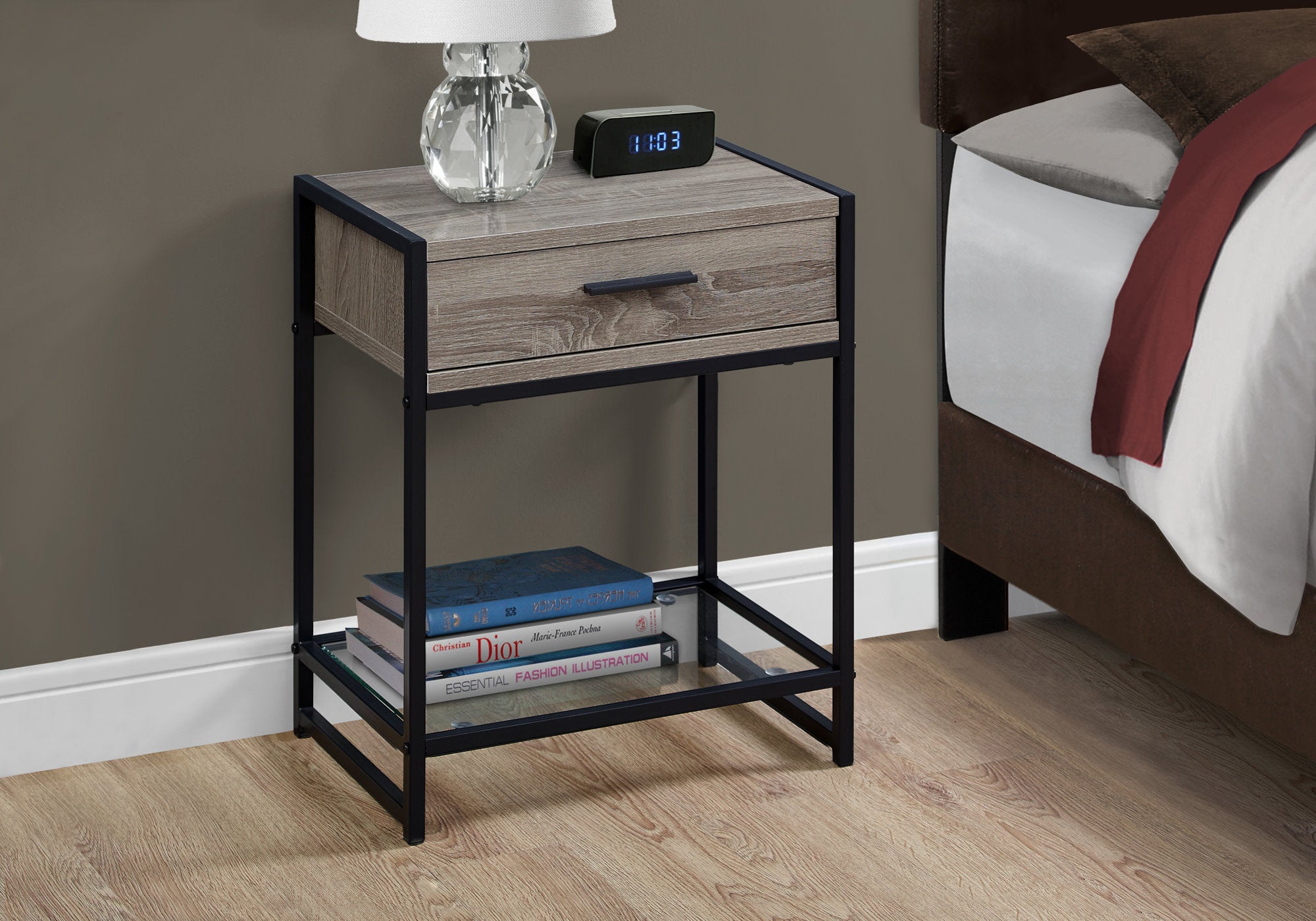 22" Black And Deep Taupe Glass And Metal End Table With Drawer And Shelf