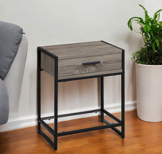 22" Black And Deep Taupe Glass And Metal End Table With Drawer And Shelf