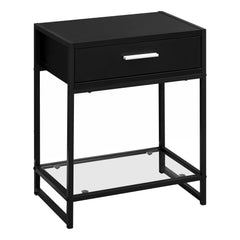 22" Black Glass And Metal End Table With Drawer And Shelf