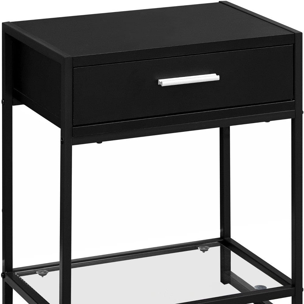 22" Black Glass And Metal End Table With Drawer And Shelf - Homeroots