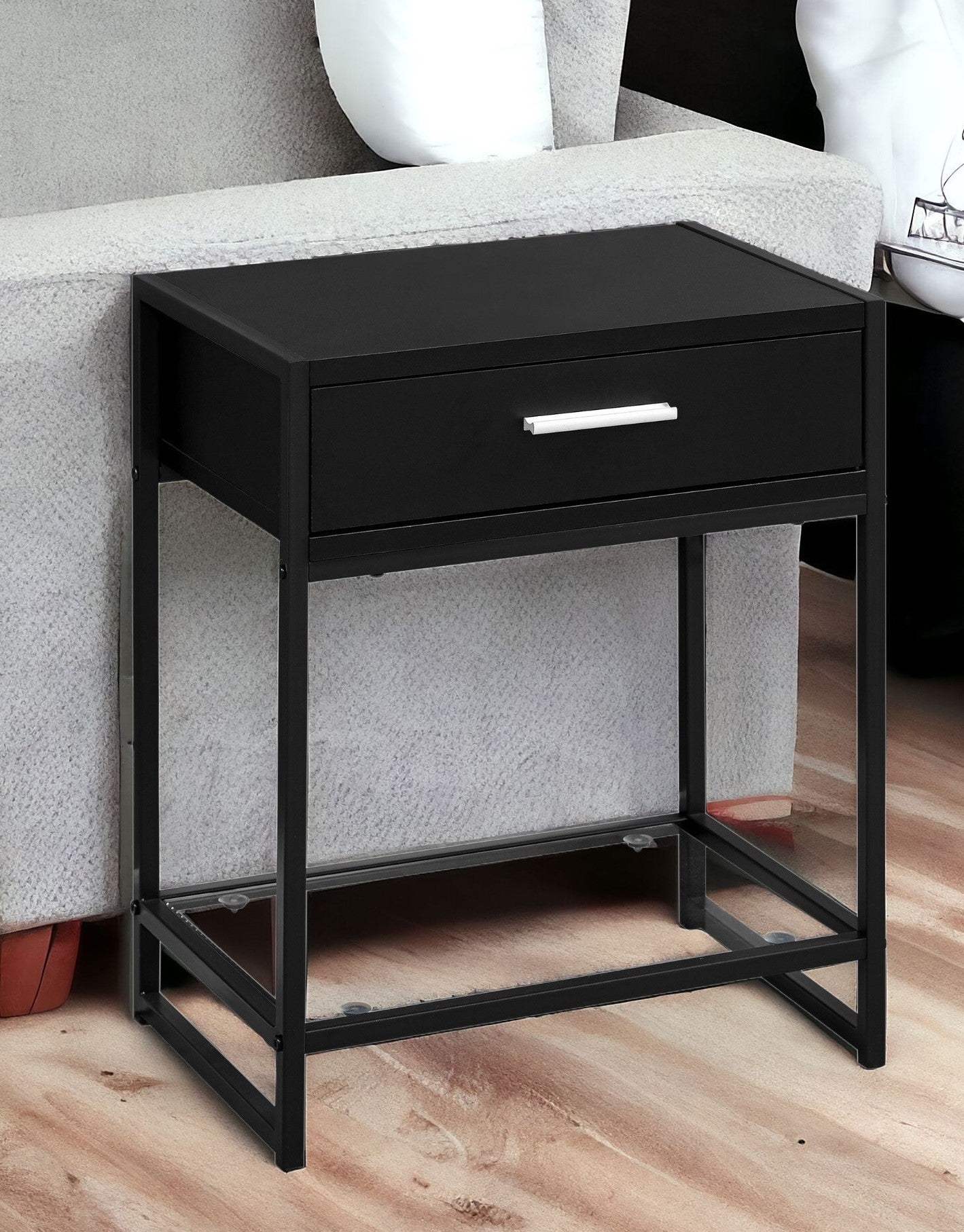 22" Black Glass And Metal End Table With Drawer And Shelf