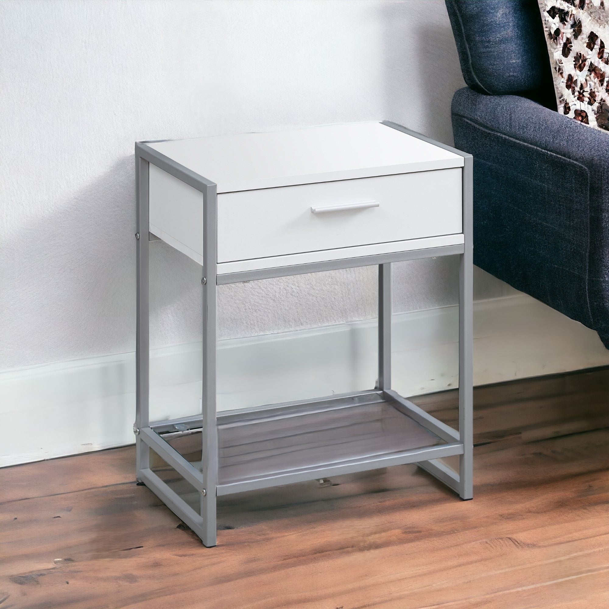 22" White Glass And Metal End Table With Drawer And Shelf