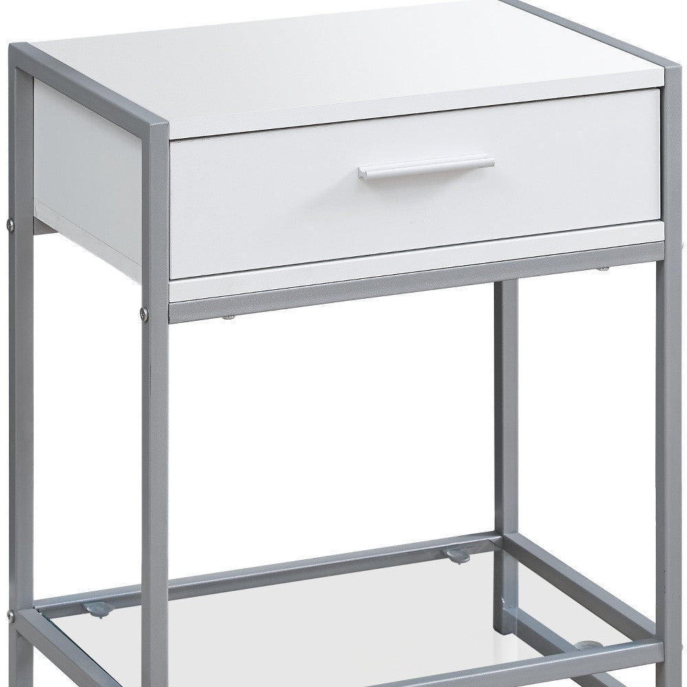 22" White Glass And Metal End Table With Drawer And Shelf