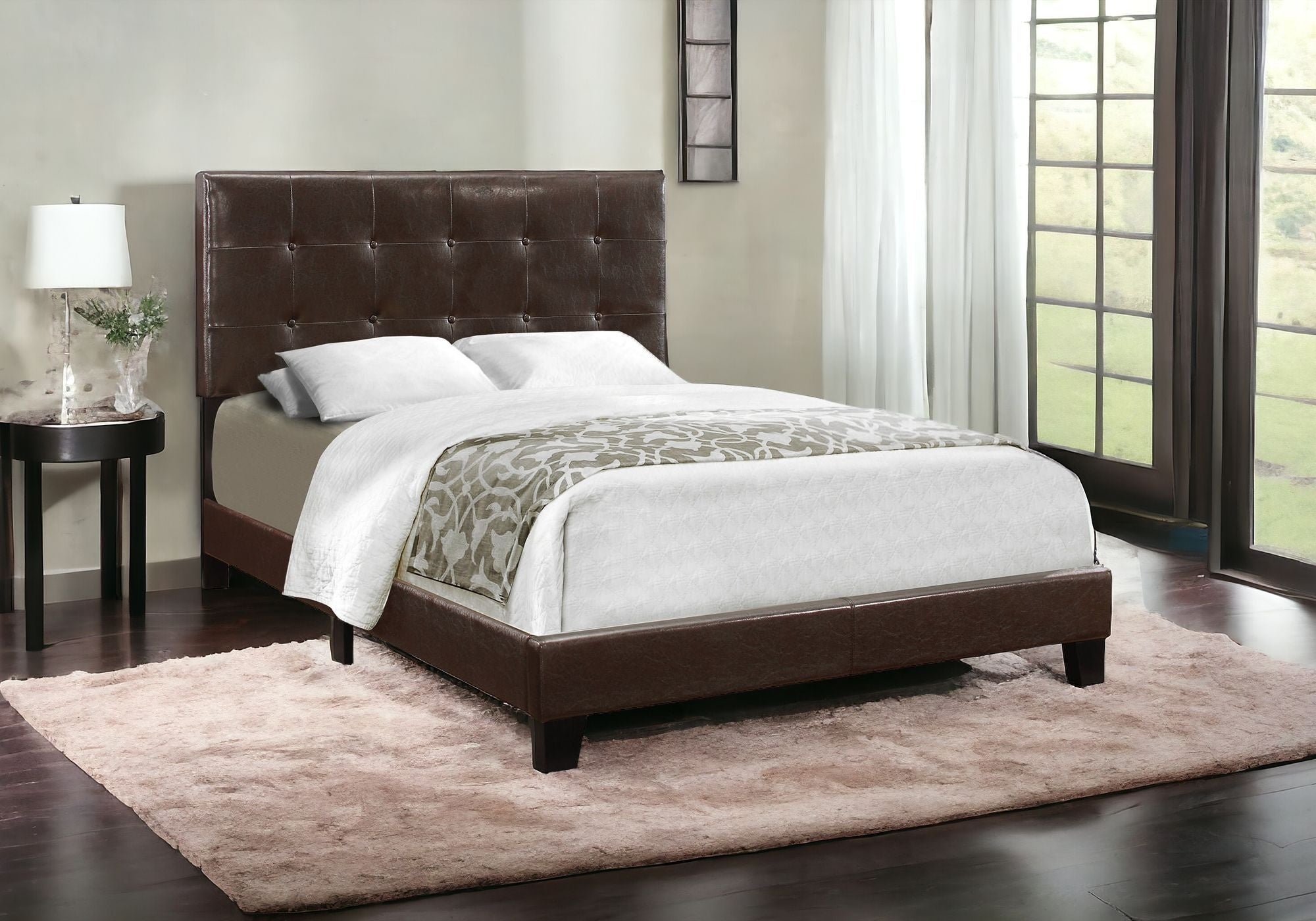 Brown Solid and Manufactured Wood Full Upholstered Faux Leather Bed Frame