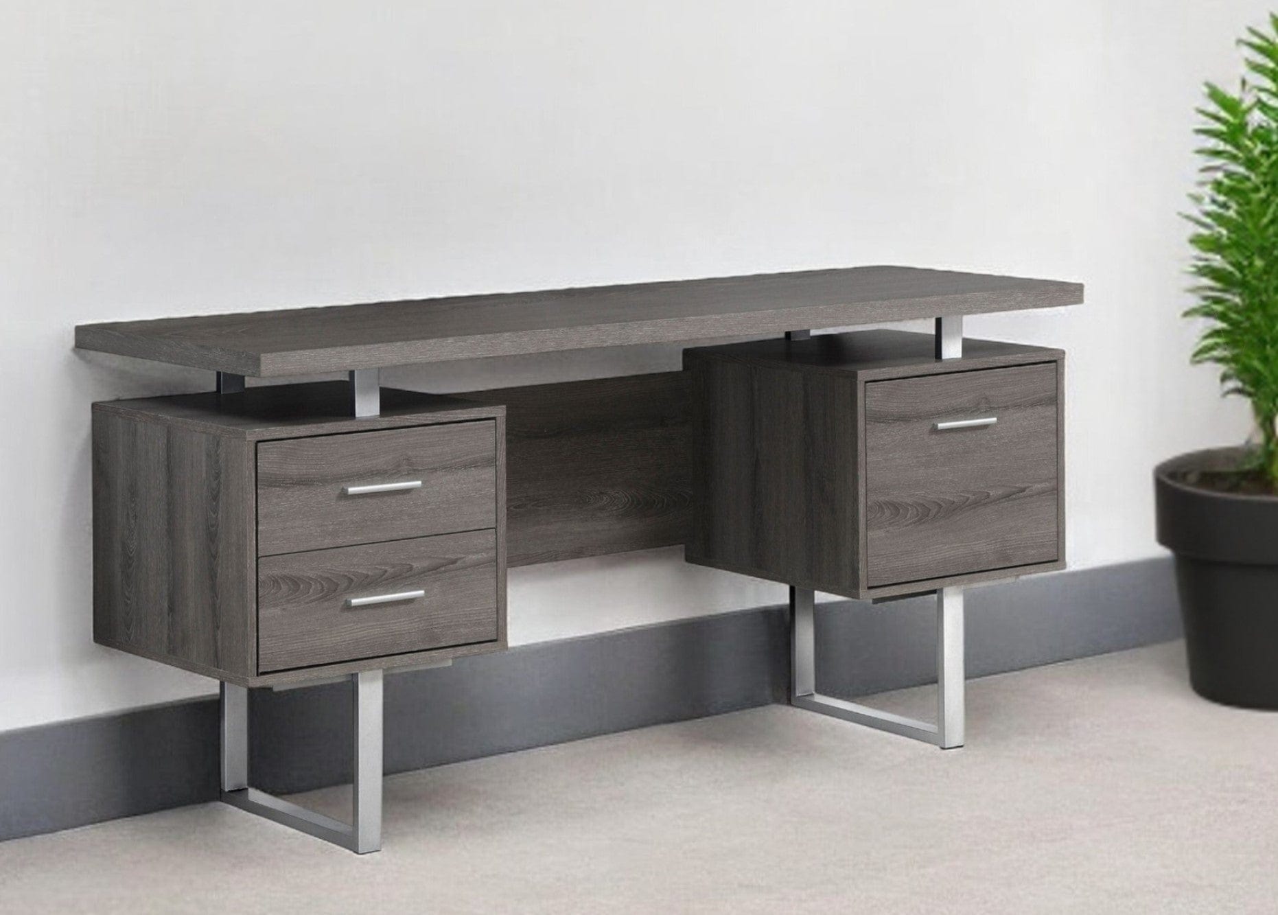 24" Taupe and Silver Computer Desk With Three Drawers