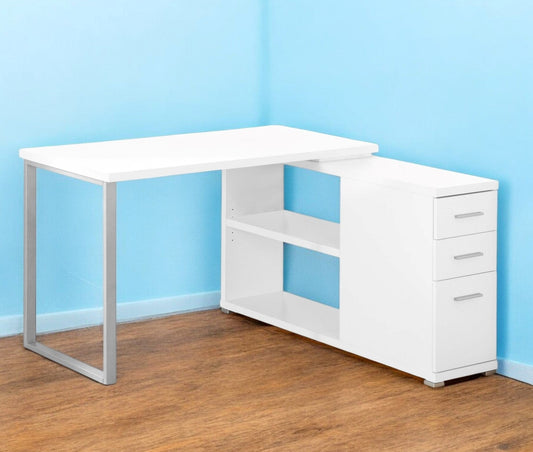 47" White and Silver L Shape Computer Desk With Three Drawers - Homeroots