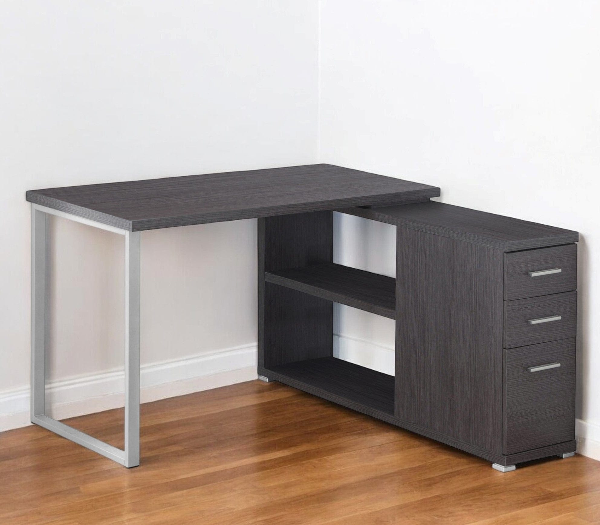 47" Gray and Silver L Shape Computer Desk With Three Drawers