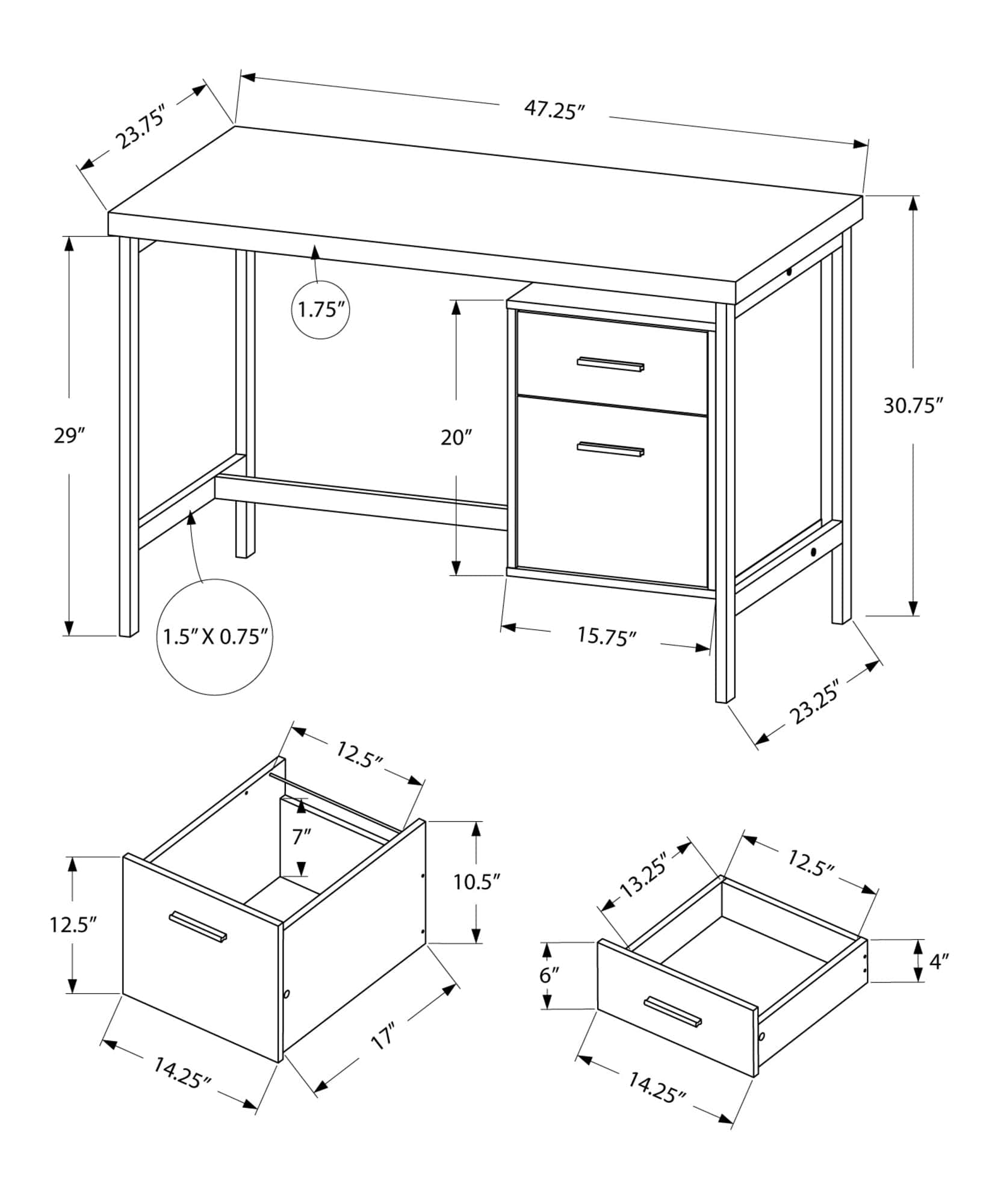 24" White and Silver Computer Desk With Two Drawers