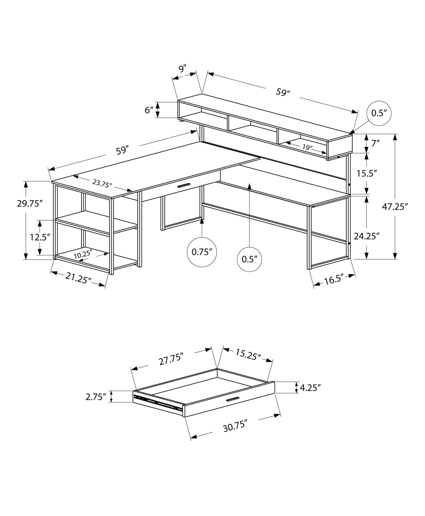 59" White and Silver L Shape Computer Desk - Homeroots