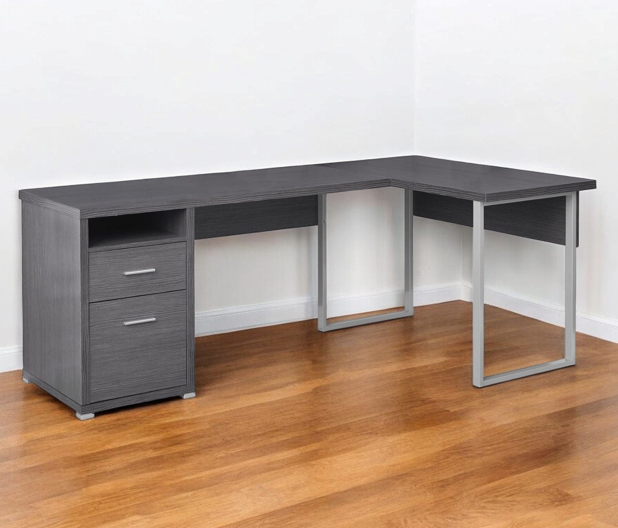 47" Gray and Silver L Shape Computer Desk With Two Drawers