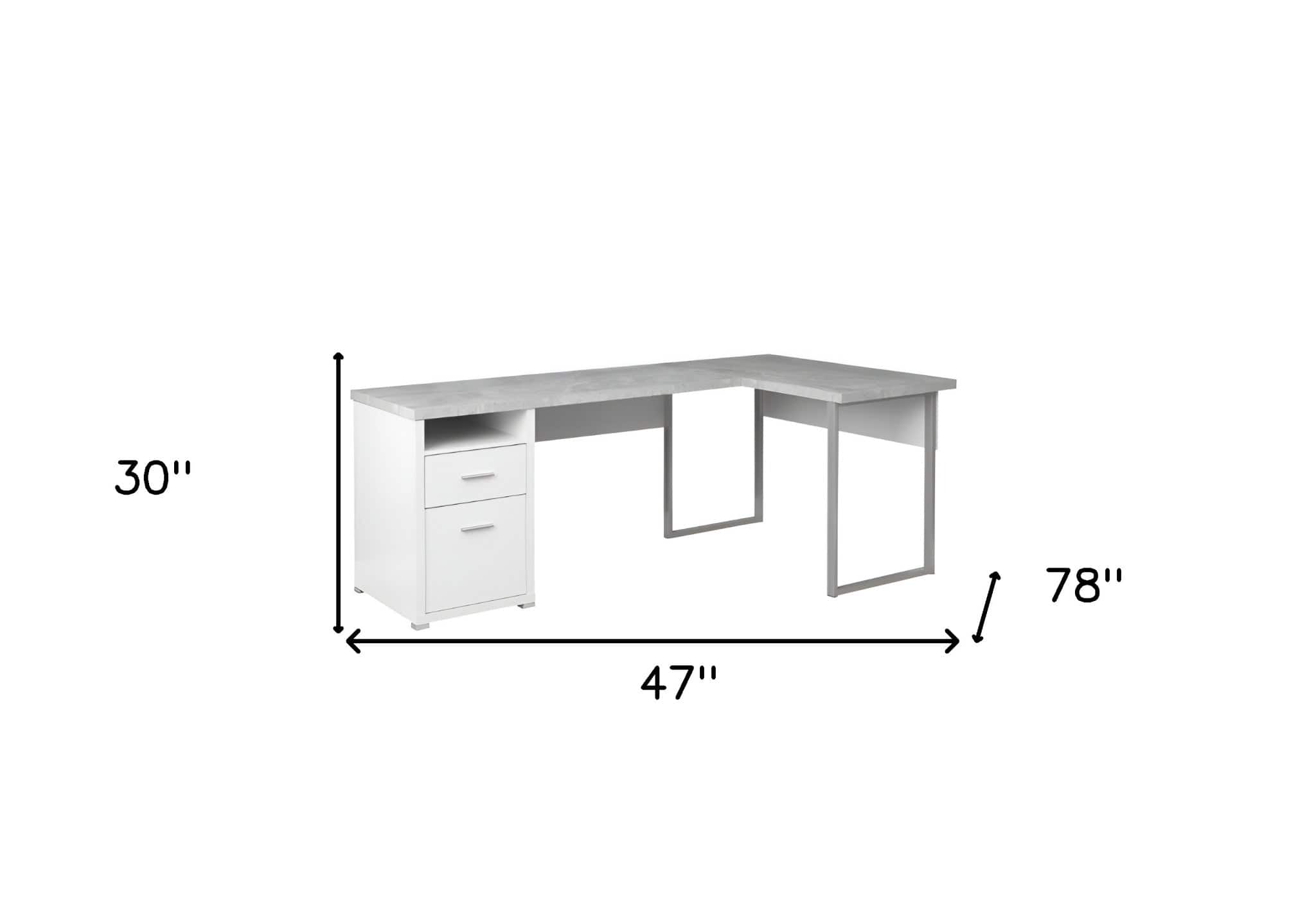 47" Gray and Silver L Shape Computer Desk With Two Drawers