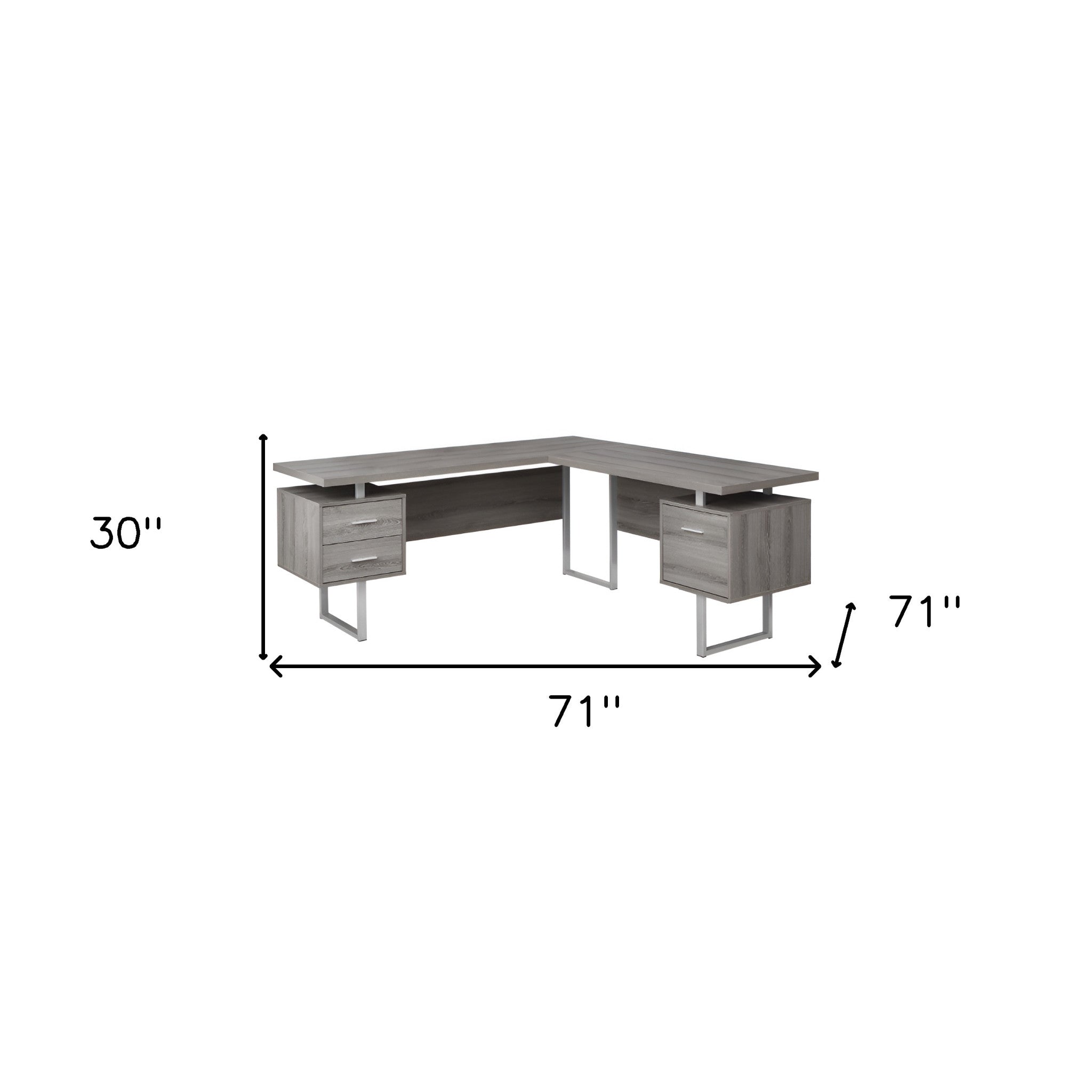 71" Taupe and Silver L Shape Computer Desk With Three Drawers