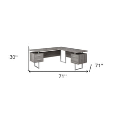 71" Taupe and Silver L Shape Computer Desk With Three Drawers