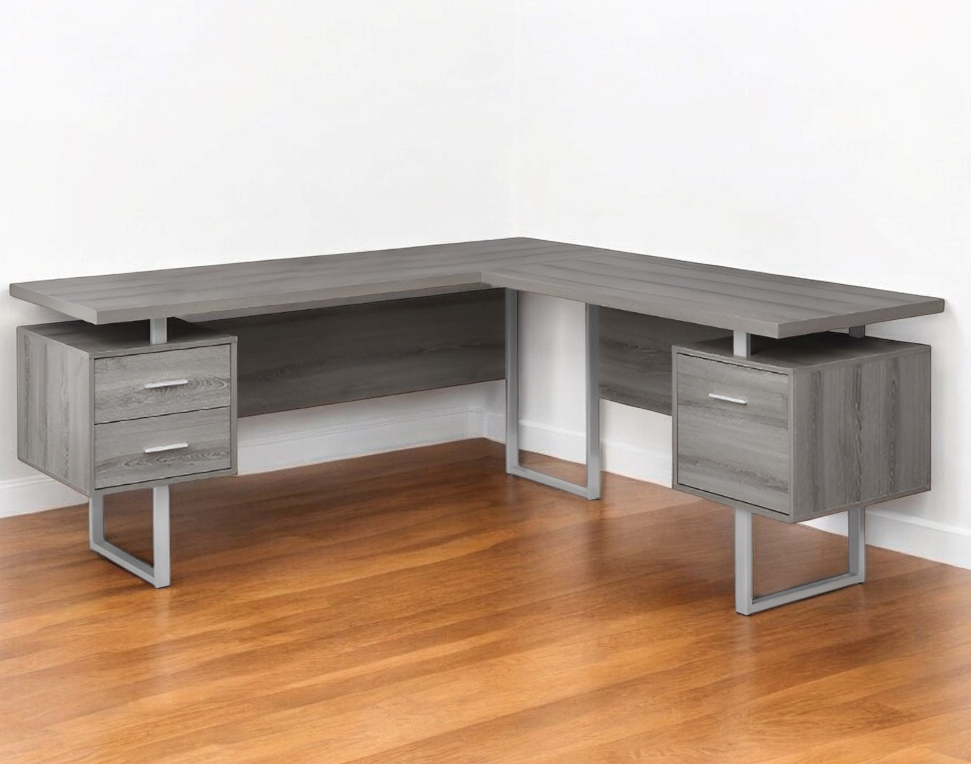 71" Taupe and Silver L Shape Computer Desk With Three Drawers