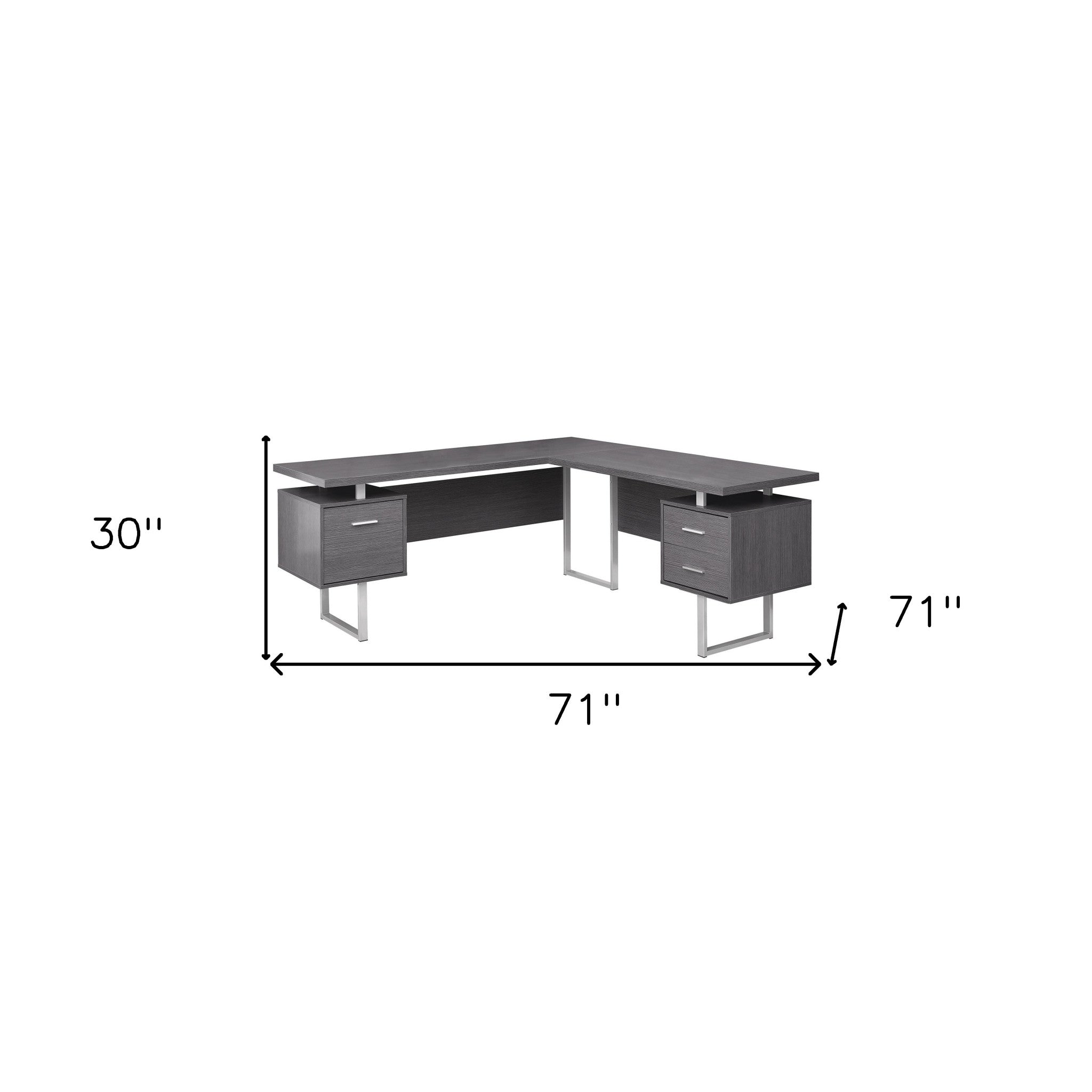 71" Gray and Silver L Shape Computer Desk With Three Drawers