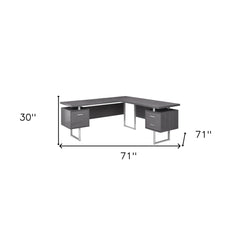 71" Gray and Silver L Shape Computer Desk With Three Drawers