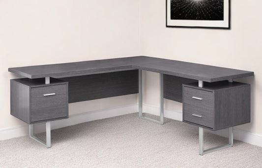 71" Gray and Silver L Shape Computer Desk With Three Drawers