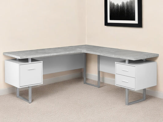 71" Gray and Silver L Shape Computer Desk With Three Drawers