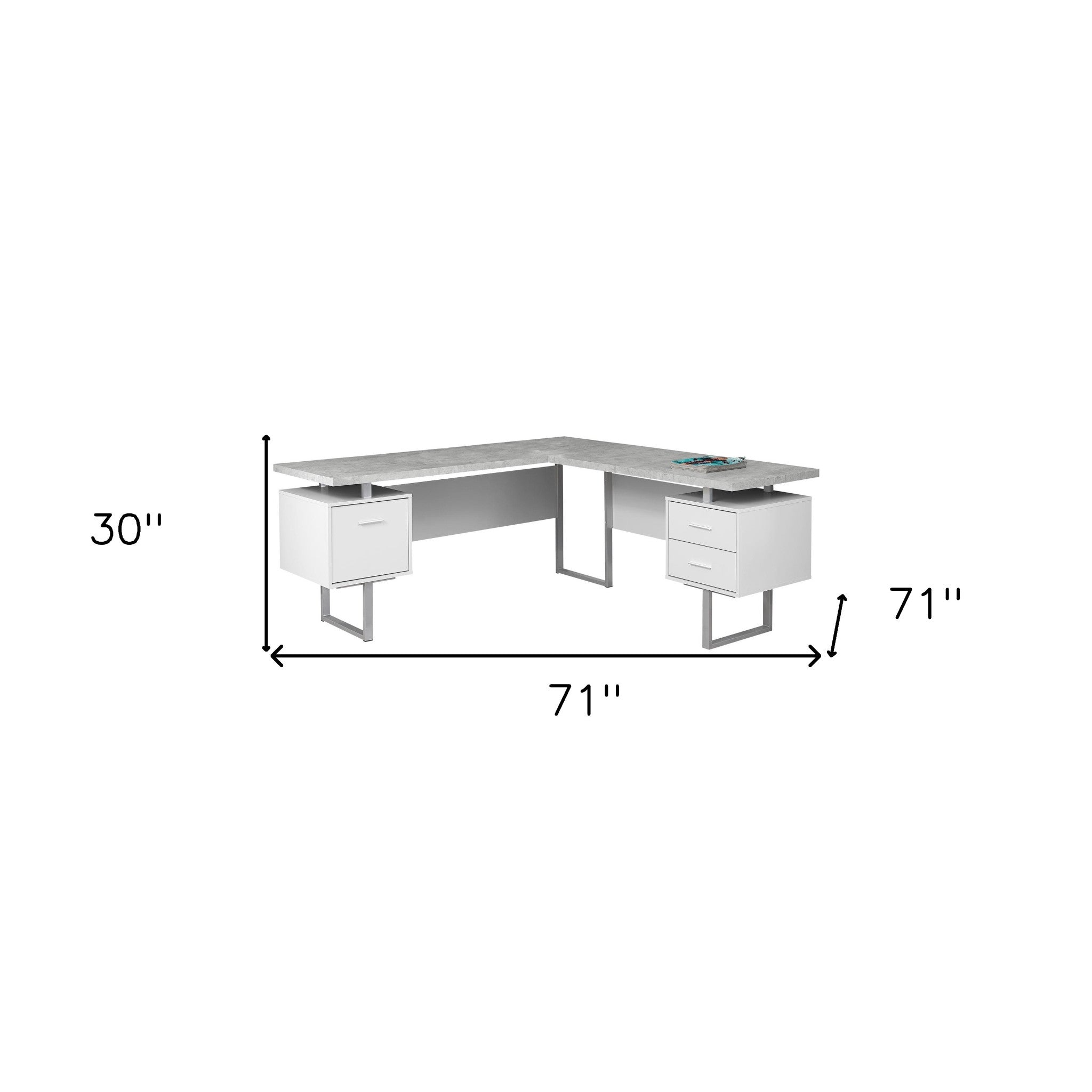 71" Gray and Silver L Shape Computer Desk With Three Drawers