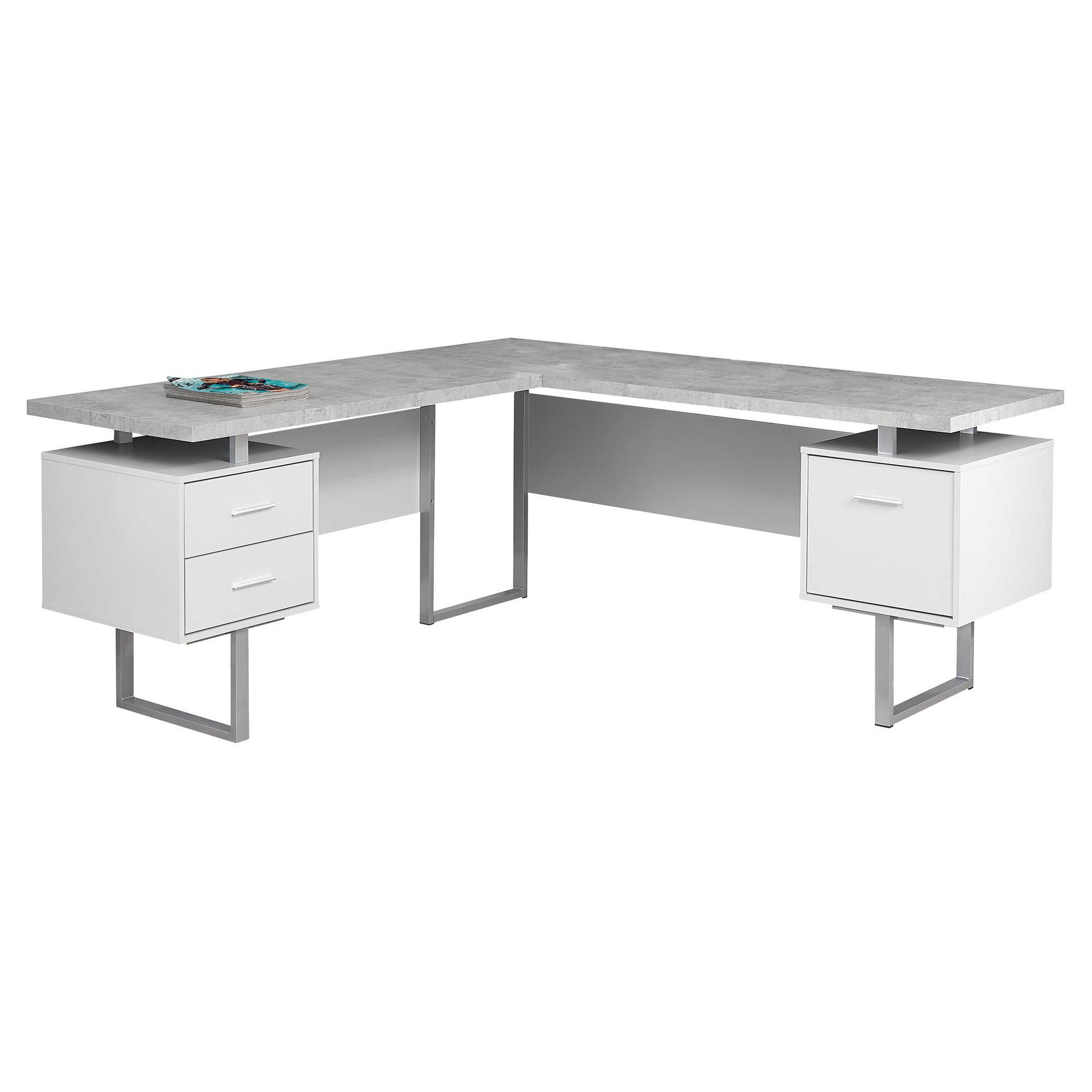 71" Gray and Silver L Shape Computer Desk With Three Drawers