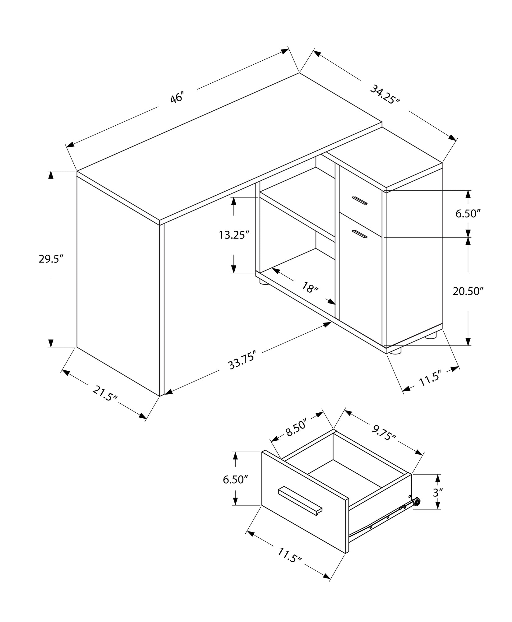 34" White L Shape Computer Desk With Two Drawers