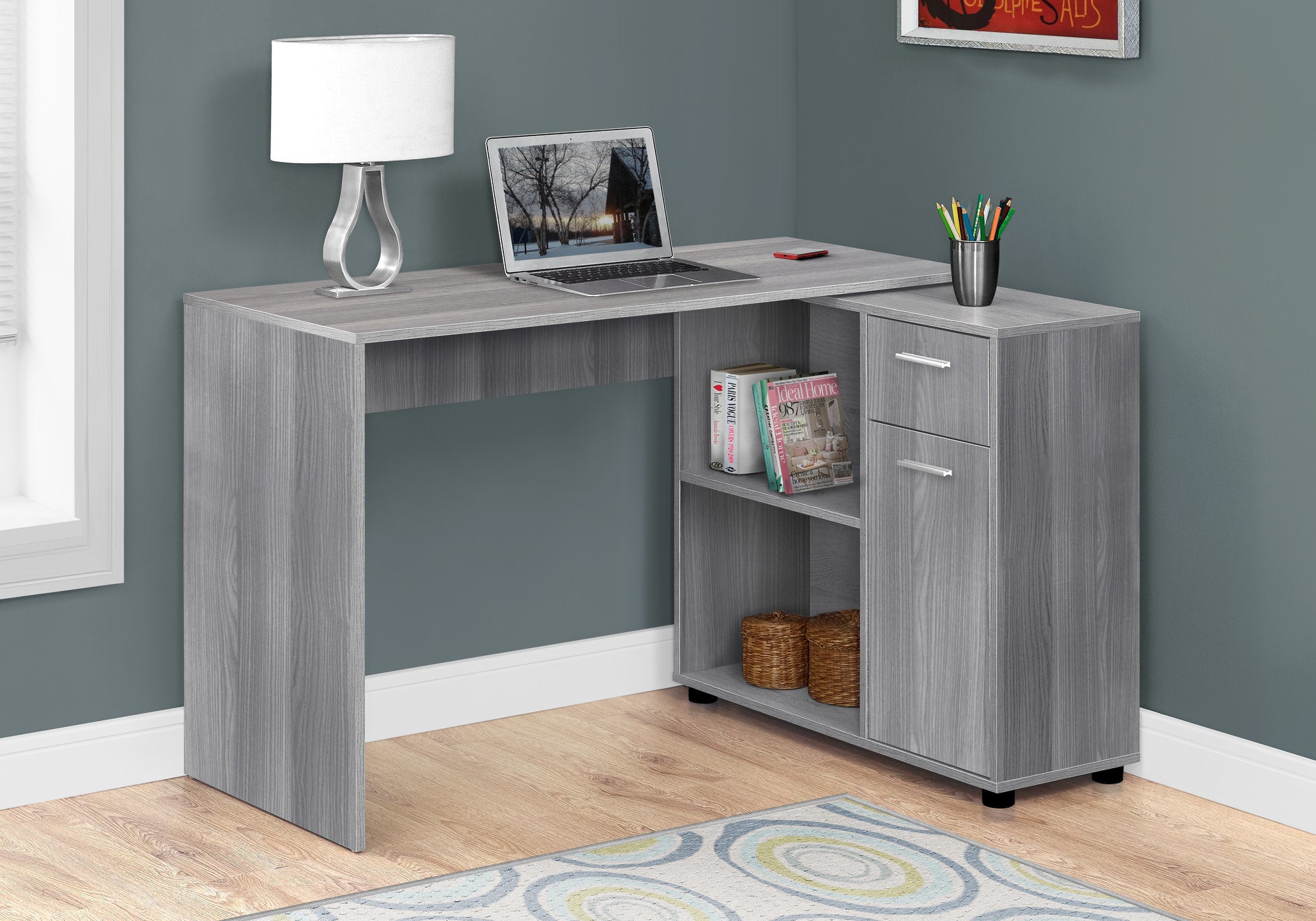 34" Gray L Shape Computer Desk With Two Drawers