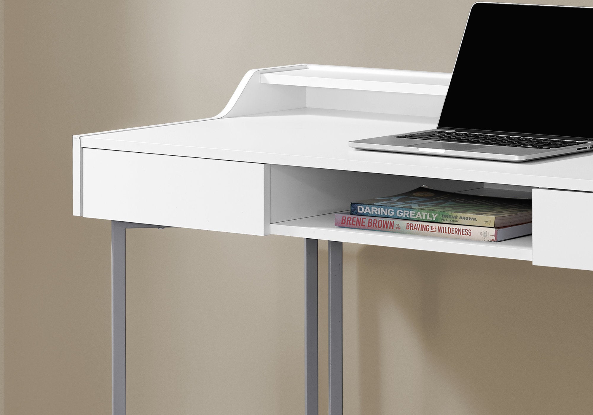 22" White and Silver Writing Desk With Two Drawers