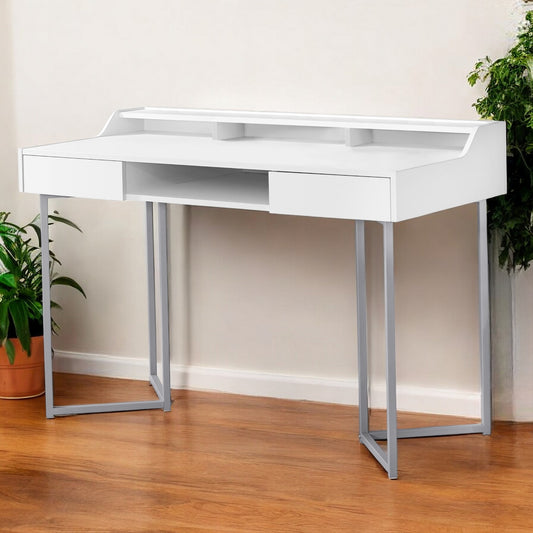 22" White and Silver Writing Desk With Two Drawers