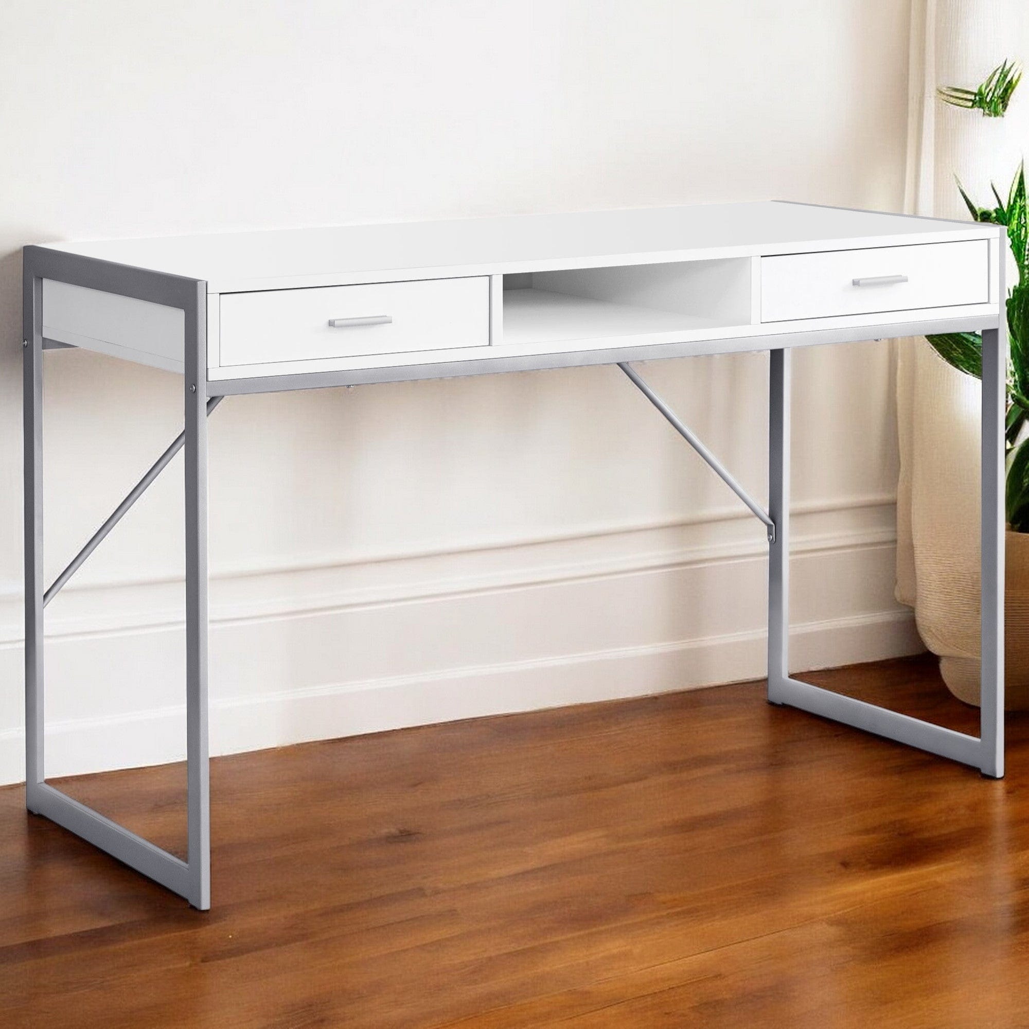 22" White and Silver Computer Desk With Two Drawers - Homeroots