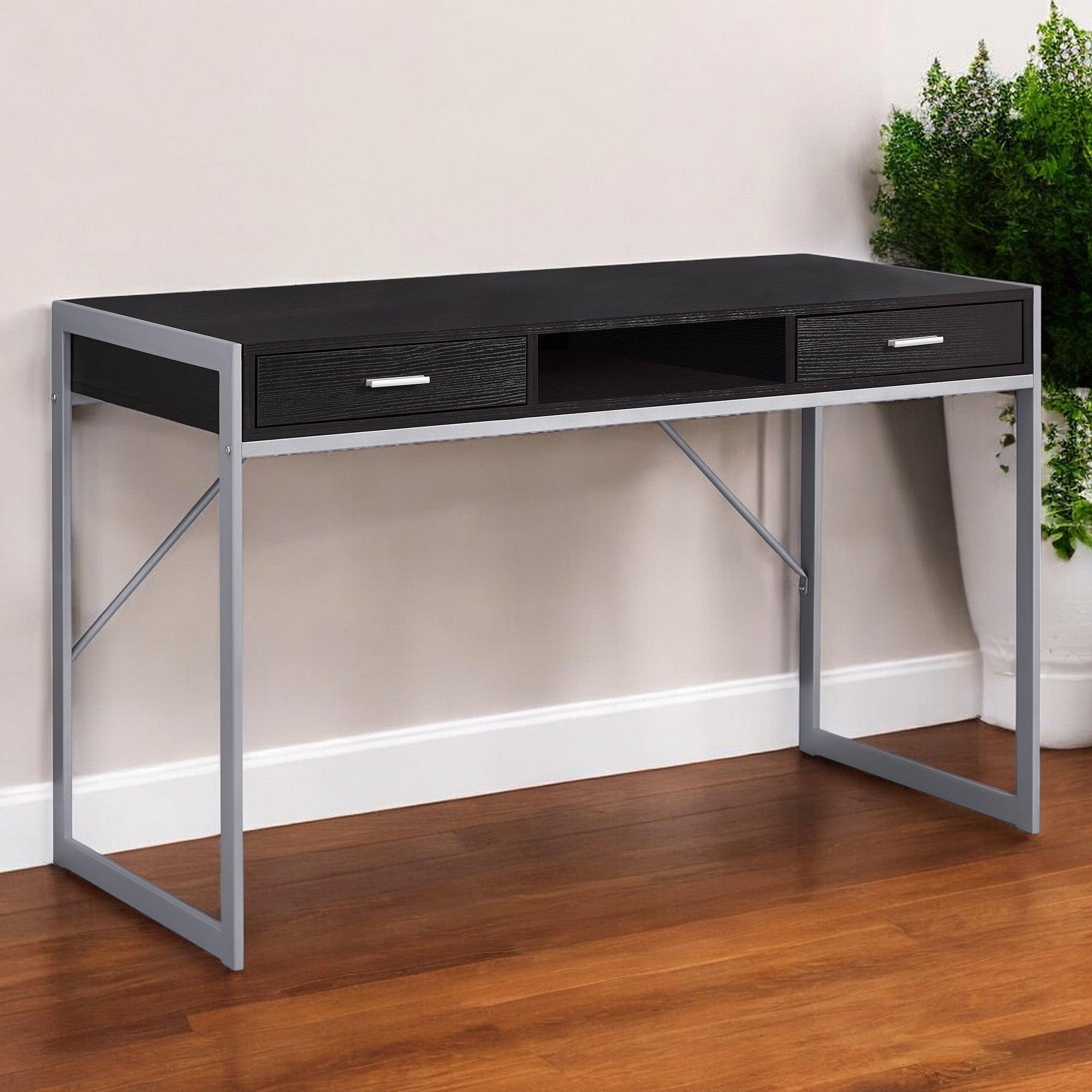 22" Dark Brown and Silver Computer Desk With Two Drawers