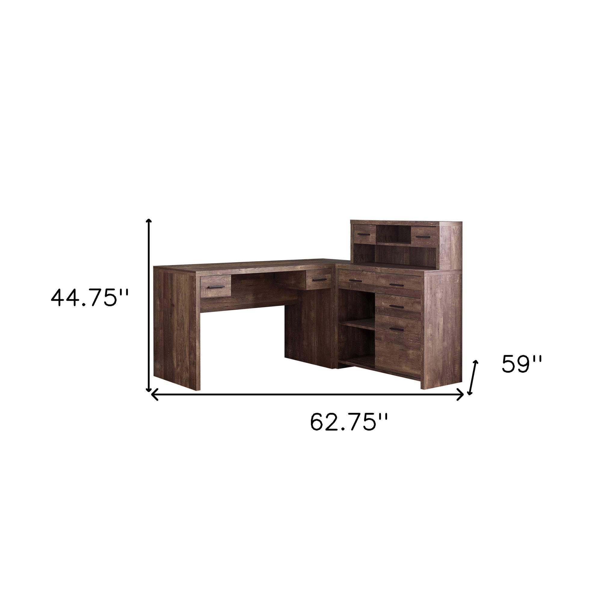 63" Brown L Shape Computer Desk With Eight Drawers