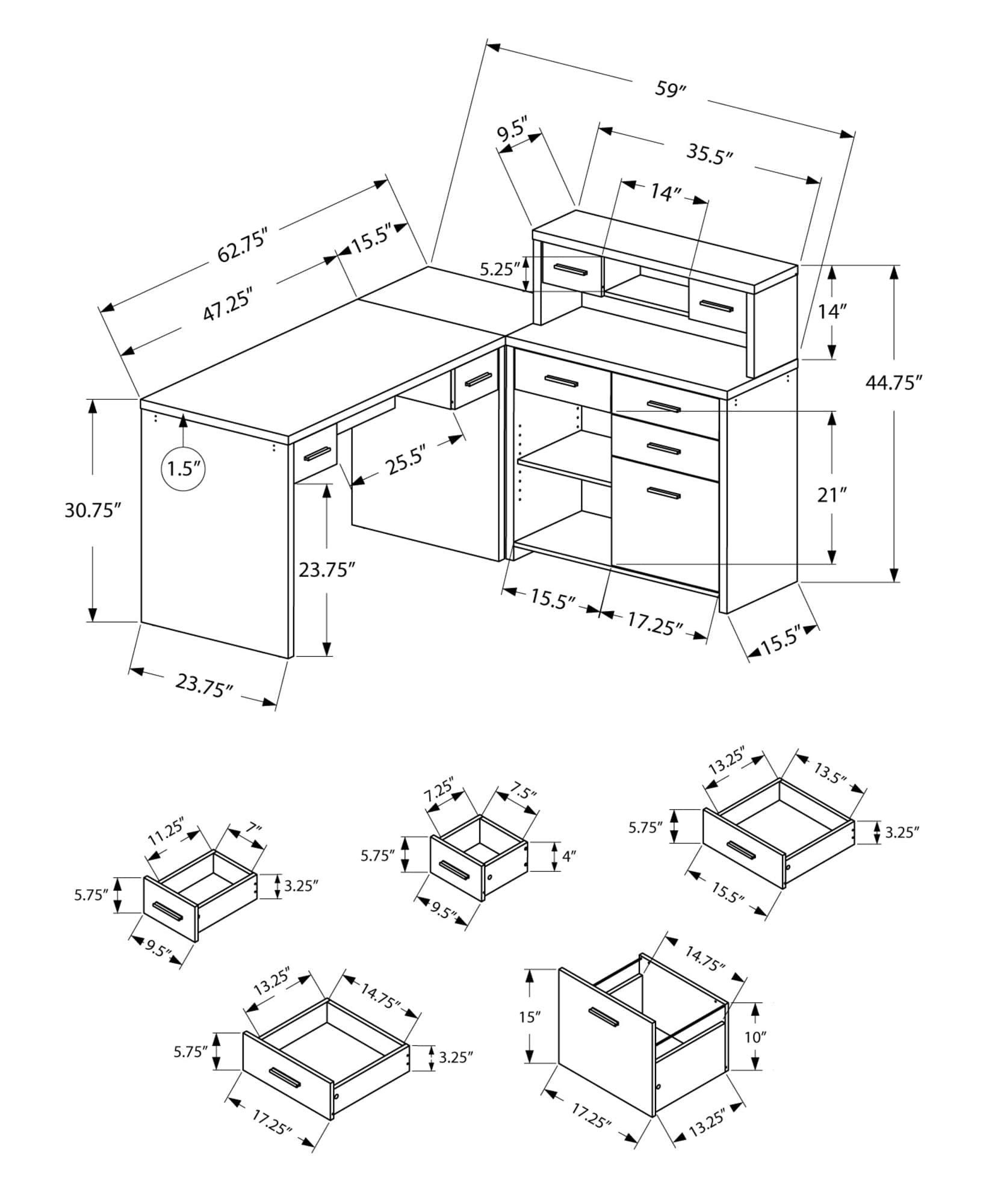 63" Taupe L Shape Computer Desk With Eight Drawers - Homeroots