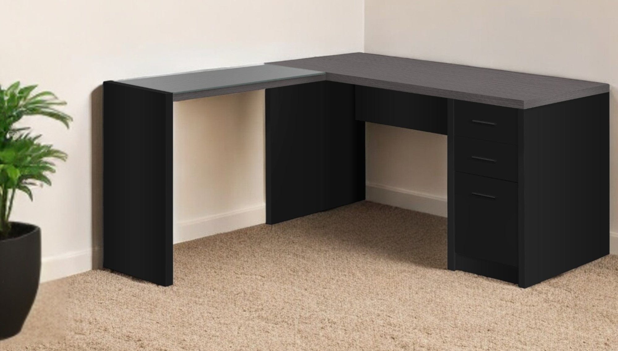 55" Gray and Black L Shape Computer Desk With Three Drawers - Homeroots