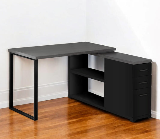 47" Gray and Black L Shape Computer Desk With Three Drawers