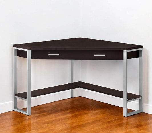 42" Dark Brown and Silver Corner Computer Desk