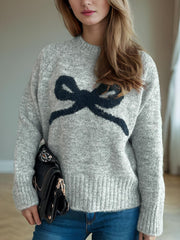 Bow Round Neck Long Sleeve Sweater - Trendsi