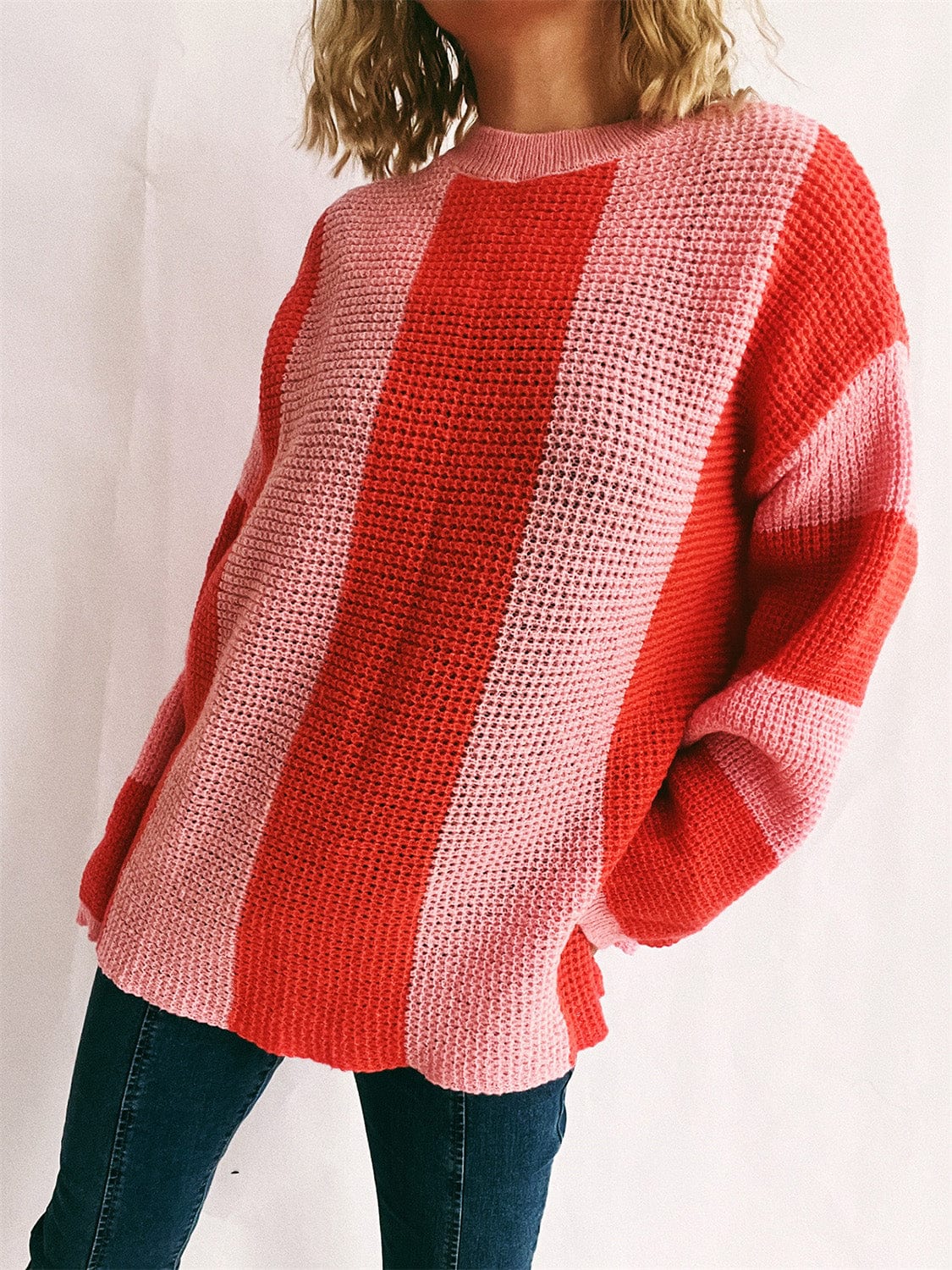 Color Block Round Neck Long Sleeve Sweater - Trendsi