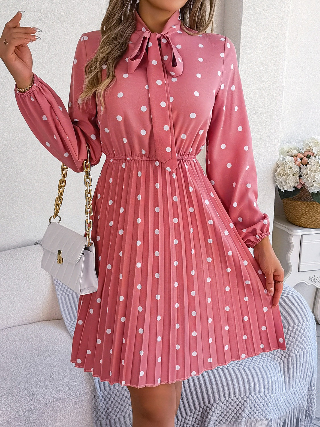 Polka Dot Tie Neck Pleated Dress - Flyclothing LLC