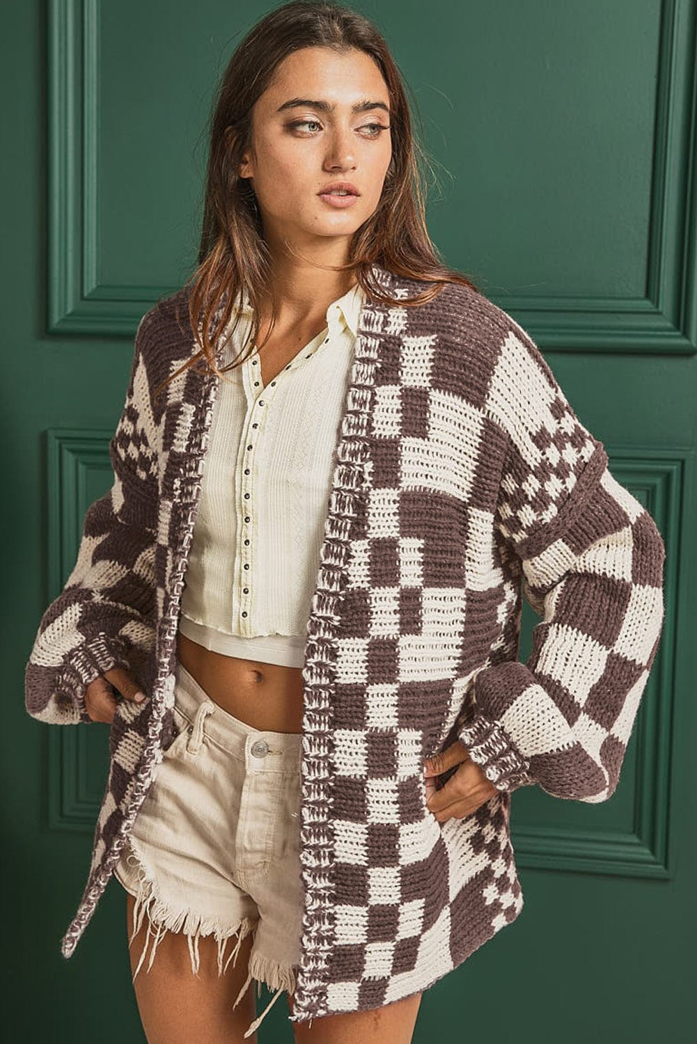 Checkered Open Front Long Sleeve Cardigan - Trendsi