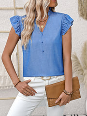 Ruffled Notched Cap Sleeve Blouse