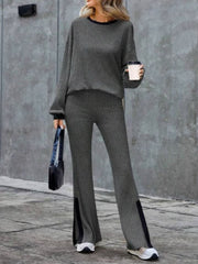 Contrast Round Neck Long Sleeve Top and Bootcut Pants Set - Trendsi