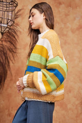 Davi & Dani Contrast Striped Open Front Lantern Sleeve Cardigan - Trendsi