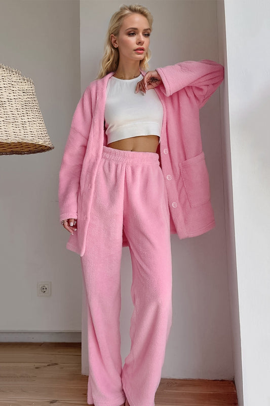 Basic Bae Buttery-Soft V-Neck Button Up Top and Pants Set - Trendsi