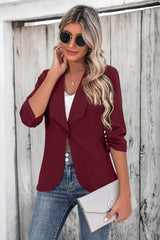 One Button Collared Neck Ruched Sleeve Blazer - Trendsi